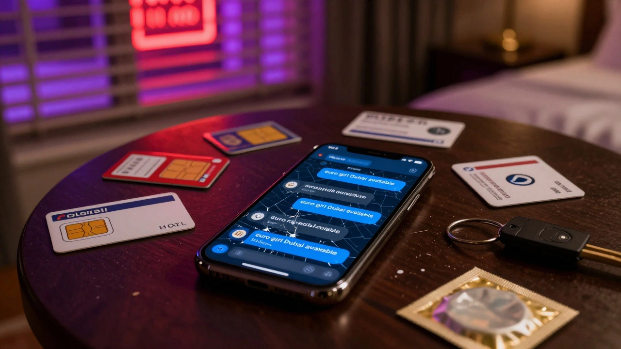 A cluttered hotel room with a smartphone showing coded escort messages, prepaid SIM cards, and a condom wrapper under dim neon light.