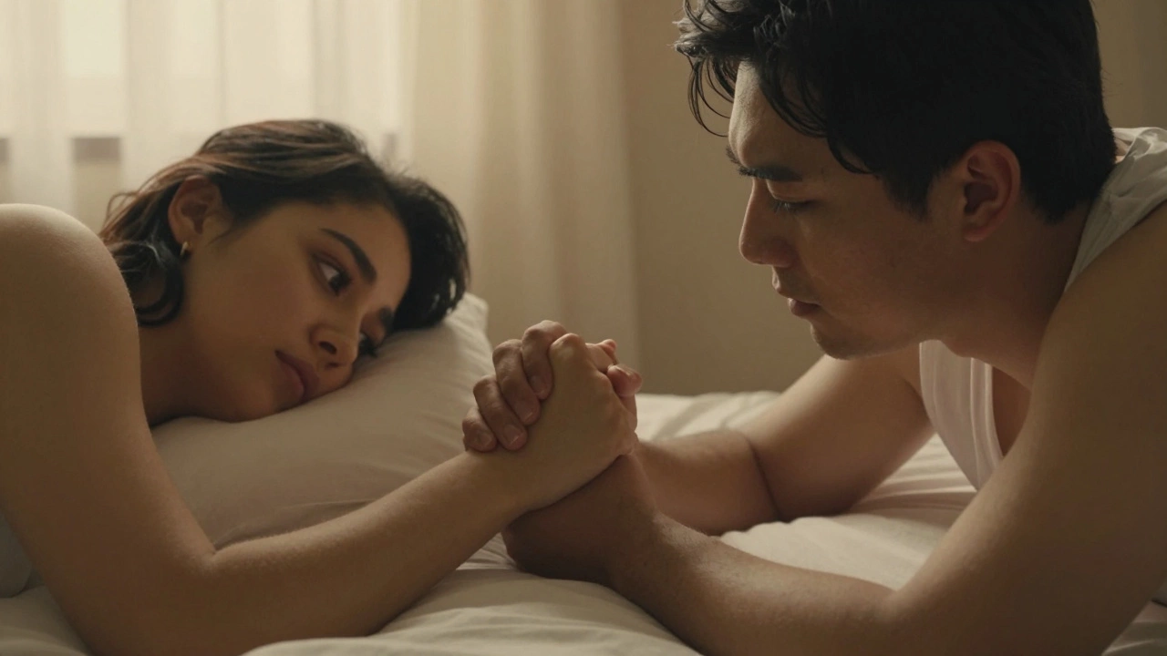 A couple sharing a tender moment with gentle touch and eye contact.