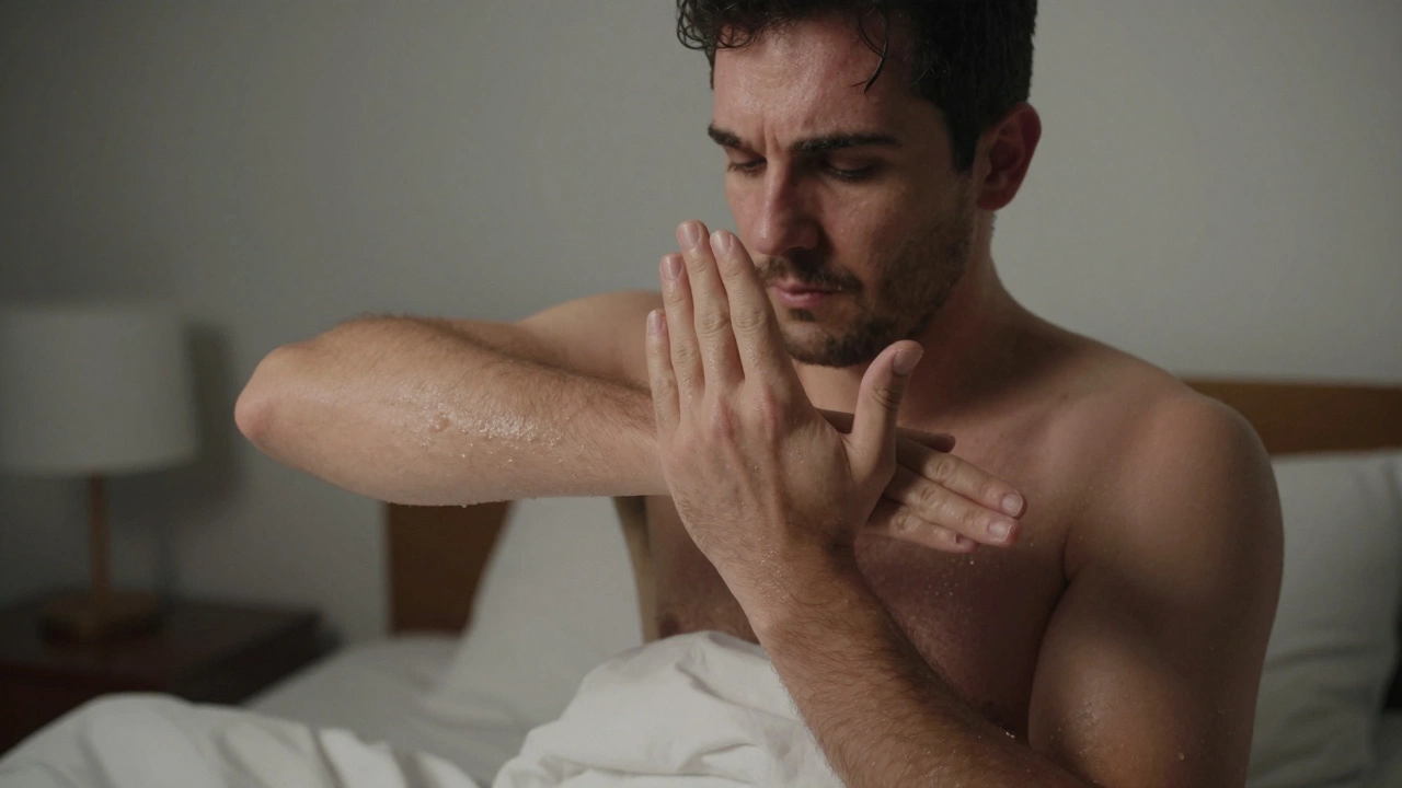 A man pausing during self-stimulation, focused and in control.