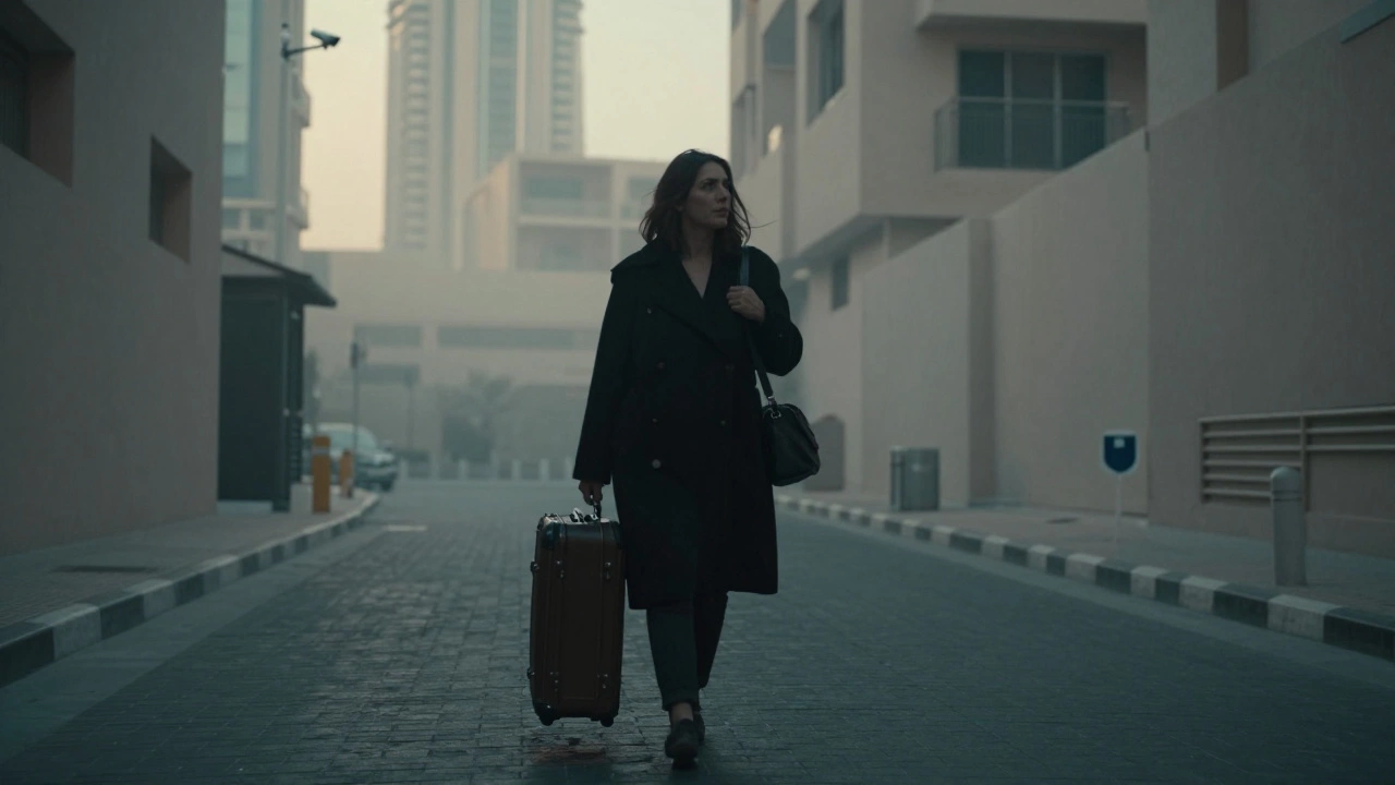 A woman walks quickly through a dark Dubai alley at dawn, suitcase in hand, avoiding security cameras under misty morning light.